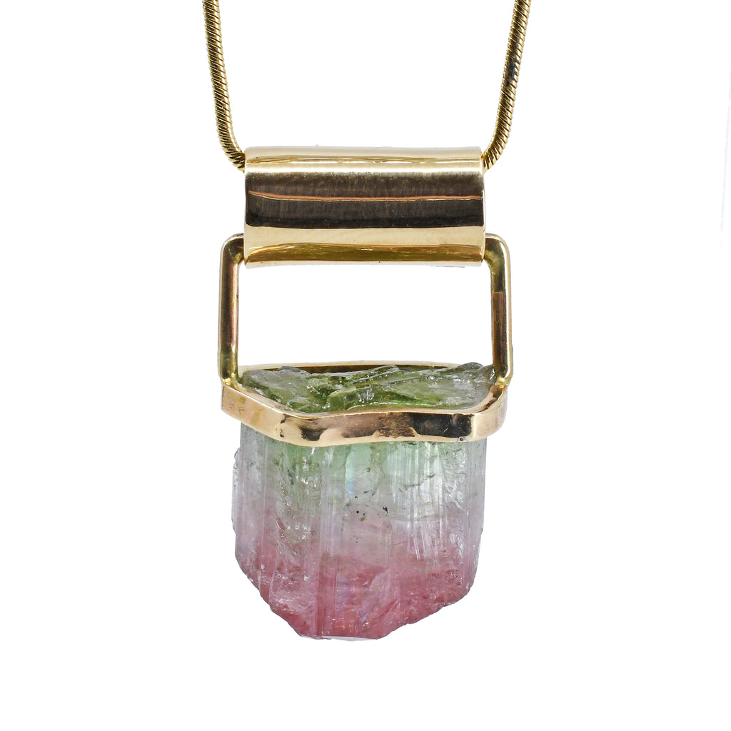 Pink & Green Tourmaline 21.64ct Handcrafted 14k Bi Color Gem Crystal Pendant - DDO-106 - Crystalarium