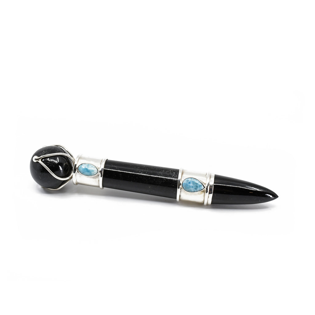 Black Tourmaline with Larimar 7.0 inch 0.57 lbs Carved Crystal Wand - India - GGS-012 - Crystalarium
