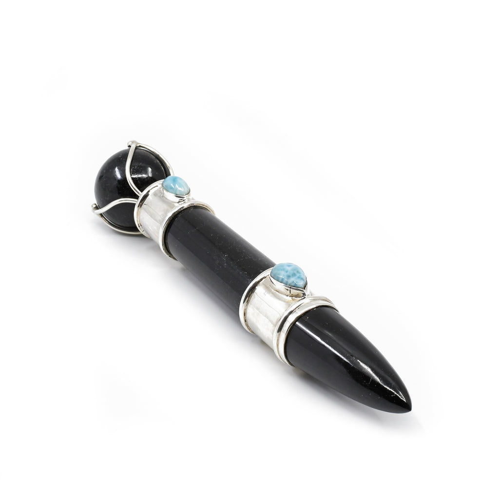 Black Tourmaline with Larimar 7.0 inch 0.57 lbs Carved Crystal Wand - India - GGS-012 - Crystalarium