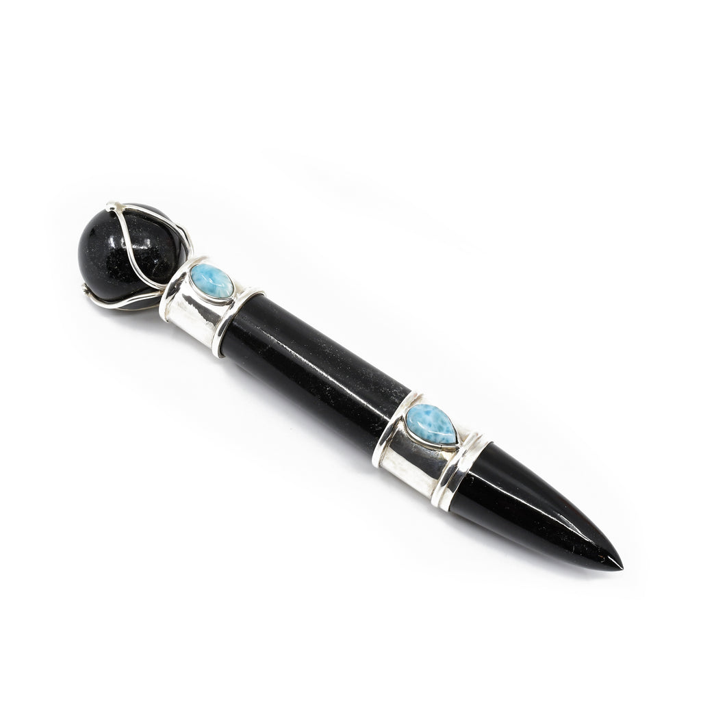 Black Tourmaline with Larimar 7.0 inch 0.57 lbs Carved Crystal Wand - India - GGS-012 - Crystalarium