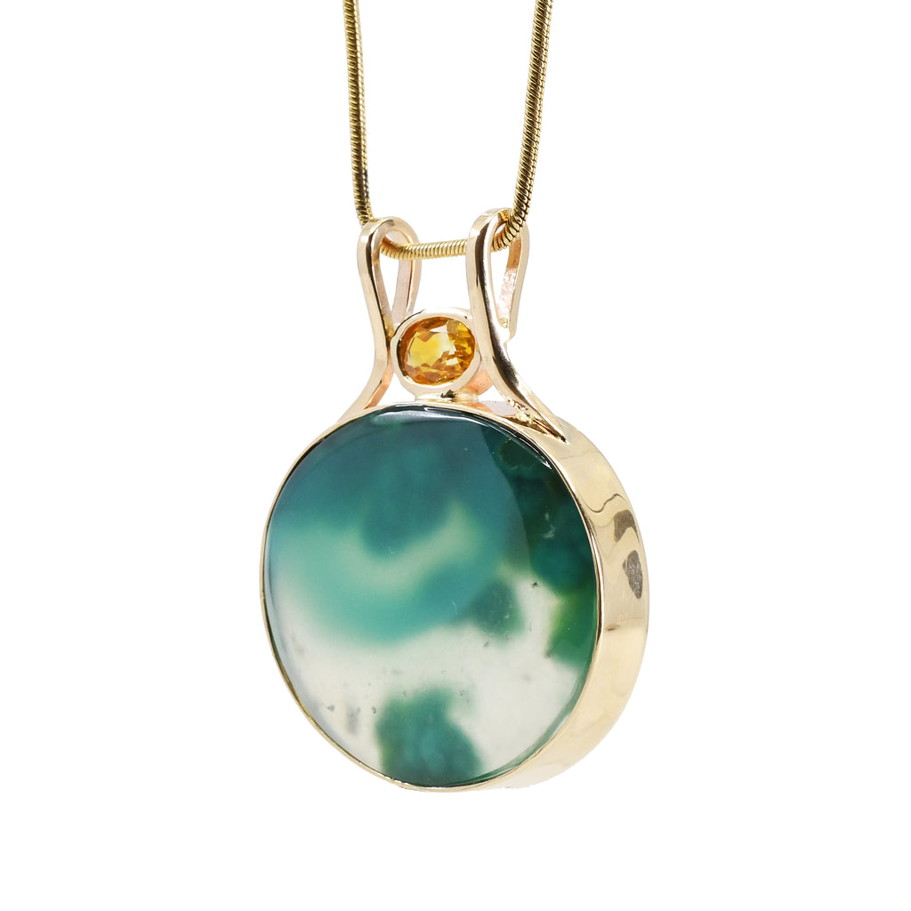 Gem Silica 13.77 ct Cabochon with Yellow Sapphire 14k Handcrafted Pendant - HHO-014 - Crystalarium