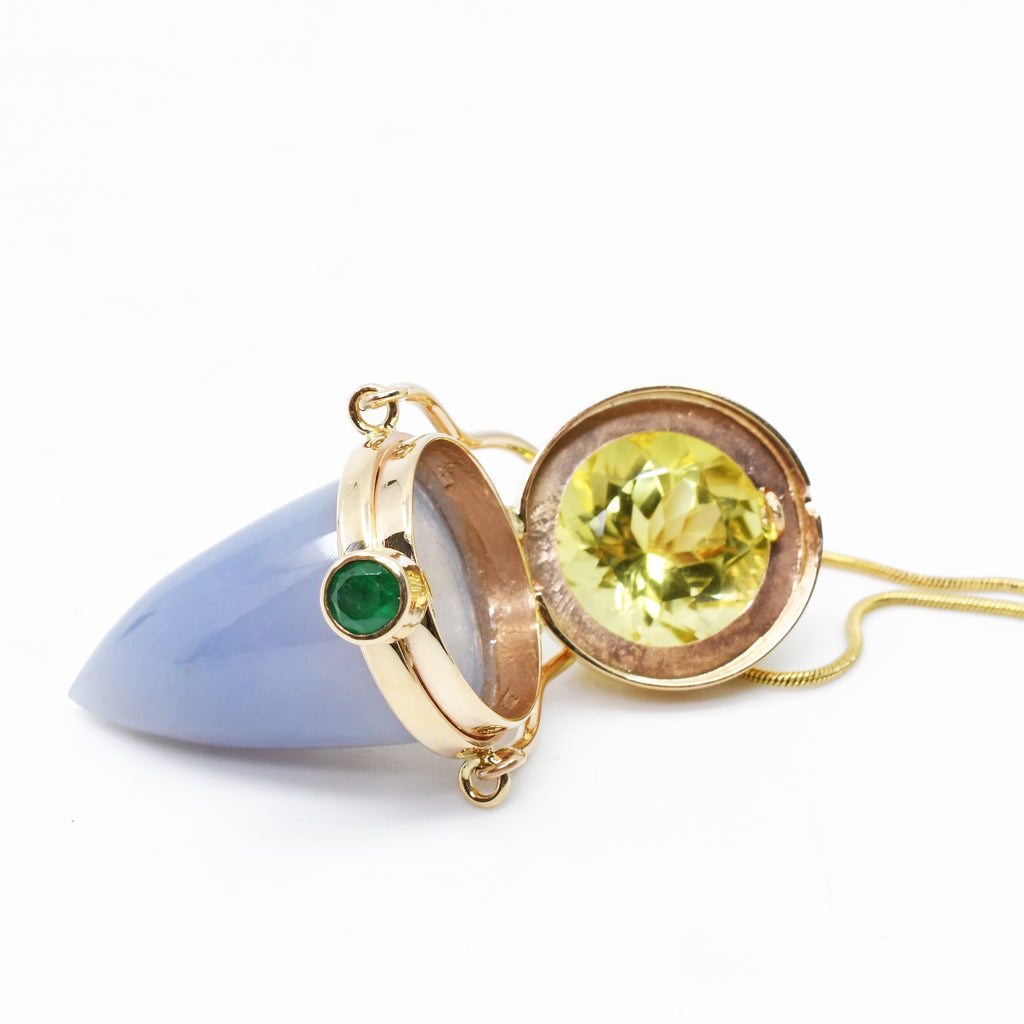 Blue Chalcedony with Lemon Citrine and Emerald 14k Handcrafted Gemstone Vessel Pendant Dimensions - HHO-022 - Crystalarium