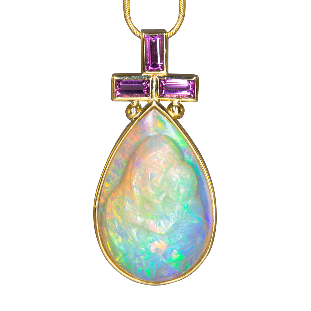 Opal 23.87 carat Carved "Mary and Child" with Pink Tourmaline 14k Handcrafted Pendant - HHO-161 - Crystalarium