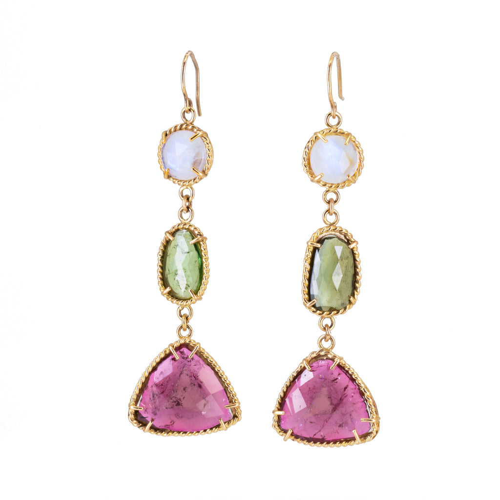 Moonstone with Green and Pink Tourmaline 14k Handcrafted 3 Tier Earrings - FFO-003 - Crystalarium