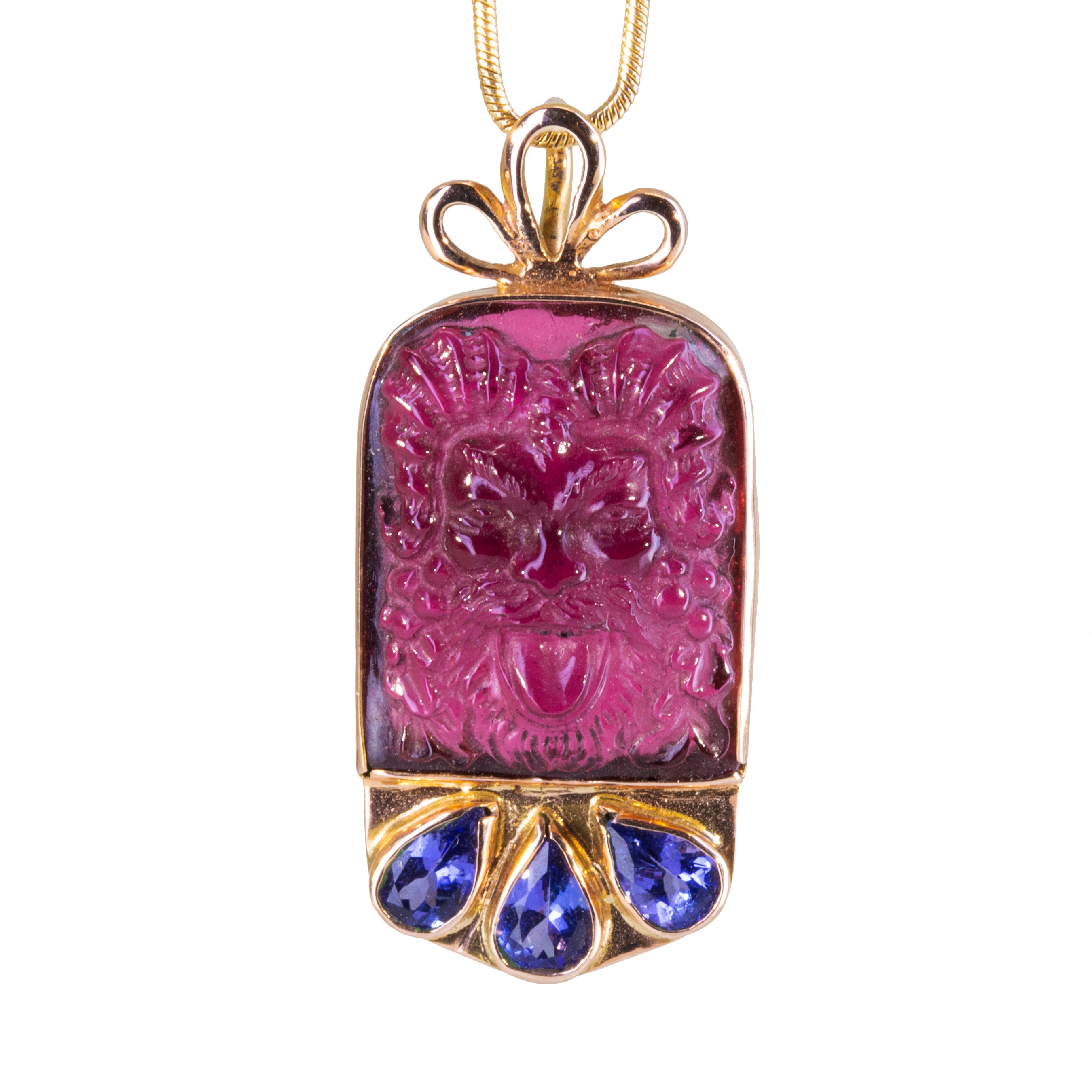 Rubelite Tourmaline 15.9 carat Bacchus Carving with Tanzanite 14k Handcrafted Pendant - EEO-205 - Crystalarium