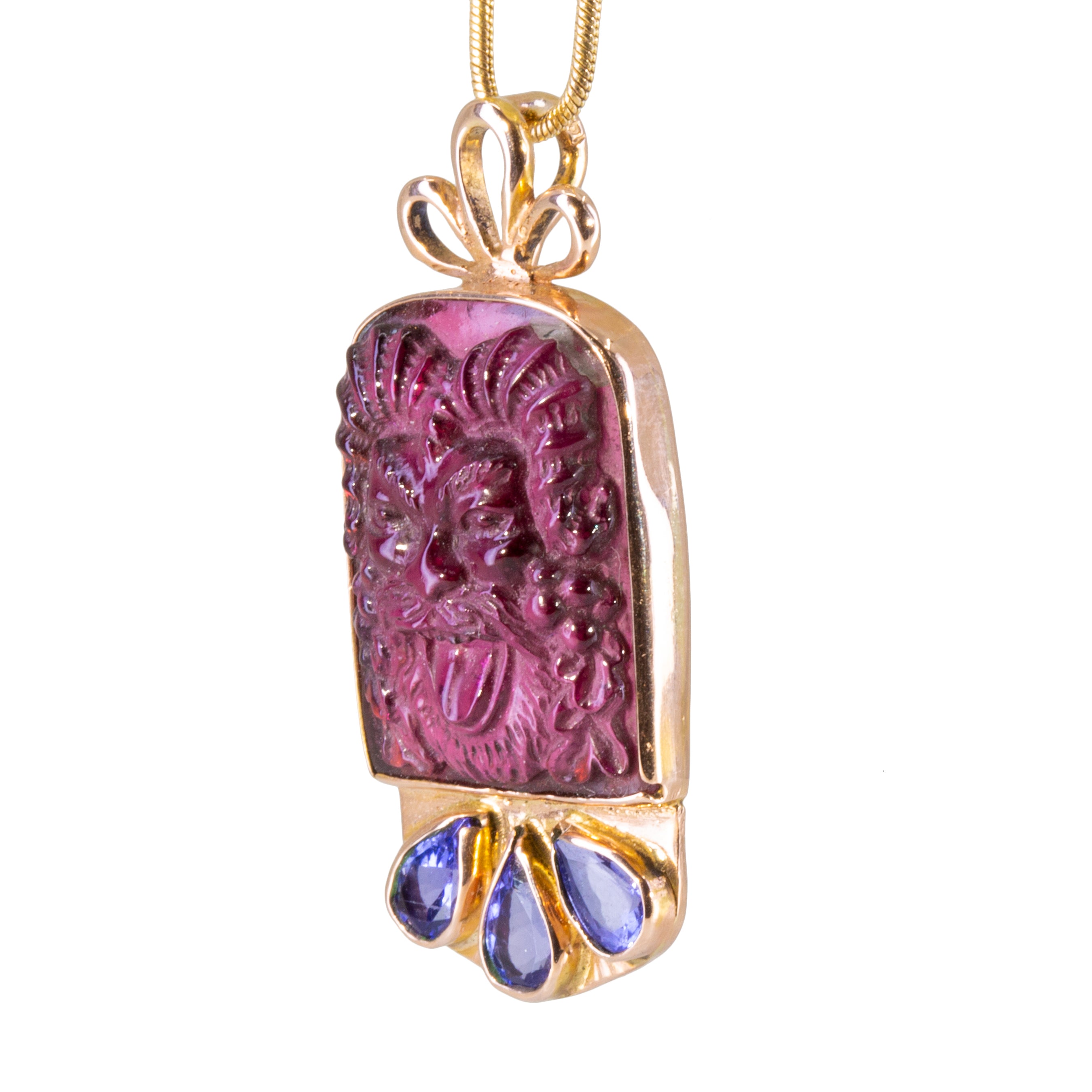 Rubelite Tourmaline 15.9 carat Bacchus Carving with Tanzanite 14k Handcrafted Pendant - EEO-205 - Crystalarium