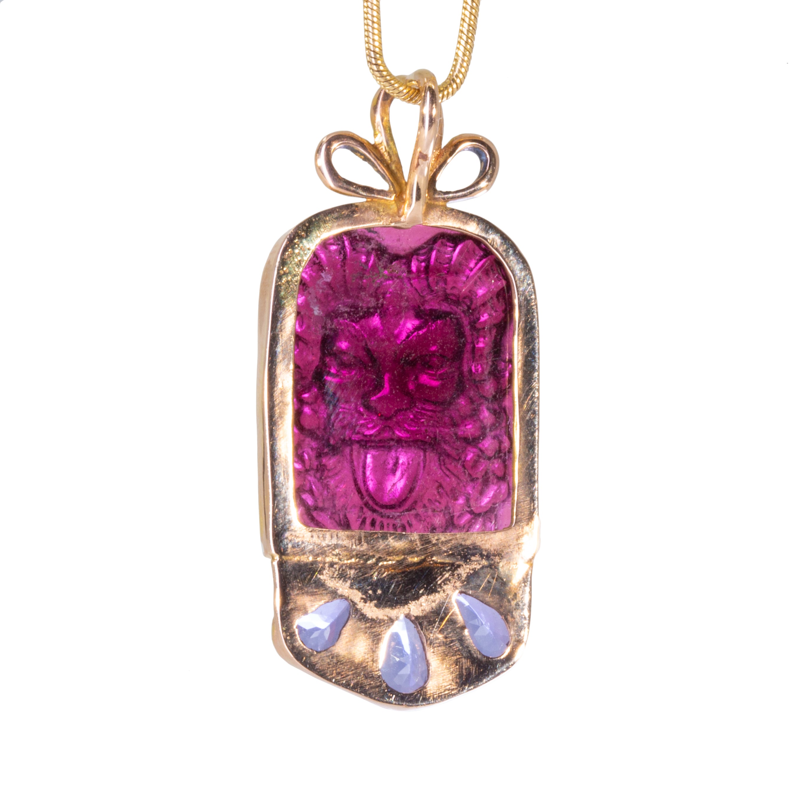 Rubelite Tourmaline 15.9 carat Bacchus Carving with Tanzanite 14k Handcrafted Pendant - EEO-205 - Crystalarium