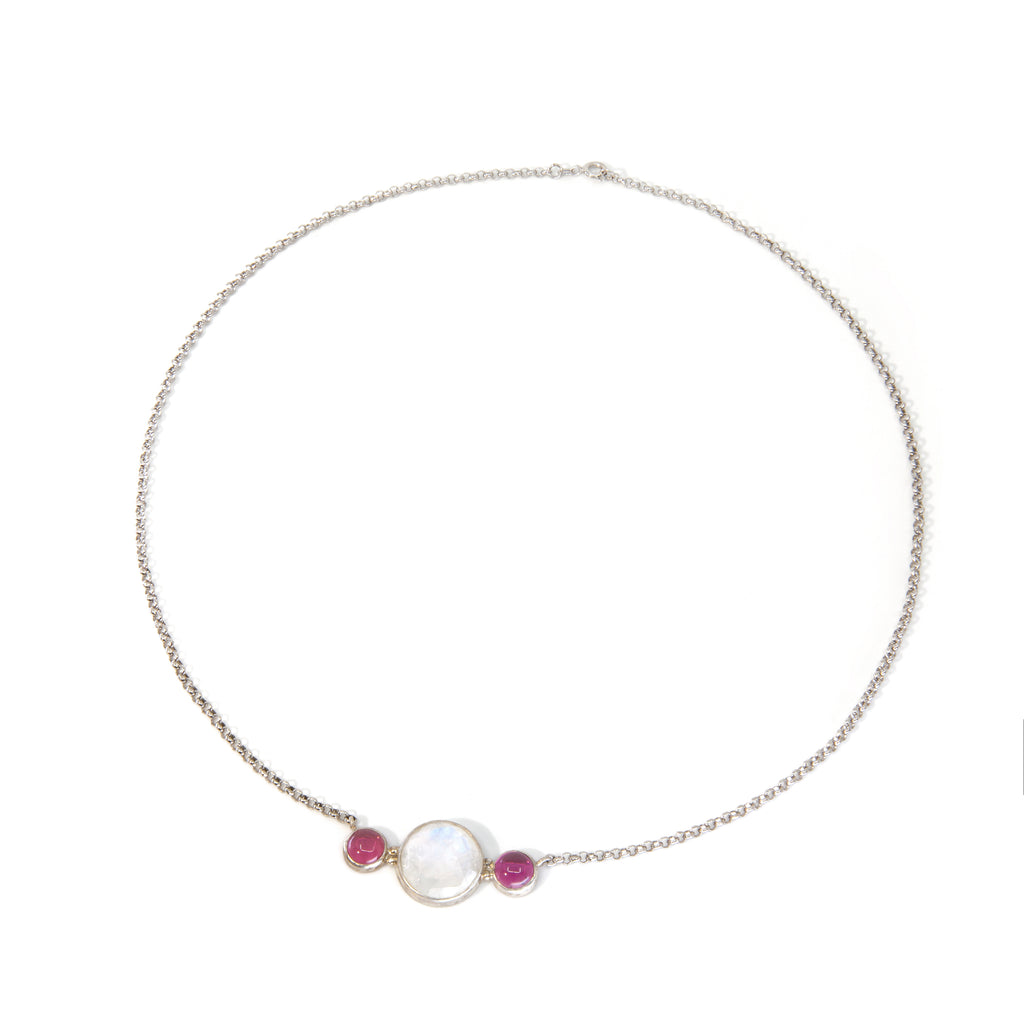 Blue Moonstone 38.2 ct with Pink Tourmaline Handcrafted Sterling Silver Necklace - GGO-159 - Crystalarium