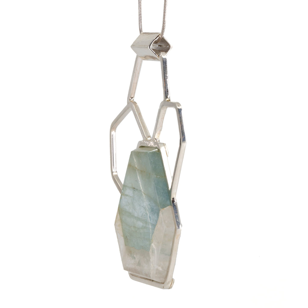 Aquamarine in Quartz 21.88ct Crystal Slice Handcrafted Sterling Silver Honeycomb Pendant - HHO-083 - Crystalarium
