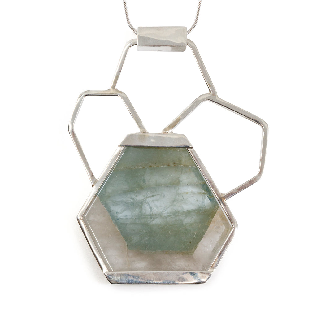 Aquamarine in Quartz 21.88ct Crystal Slice Handcrafted Sterling Silver Honeycomb Pendant - HHO-083 - Crystalarium