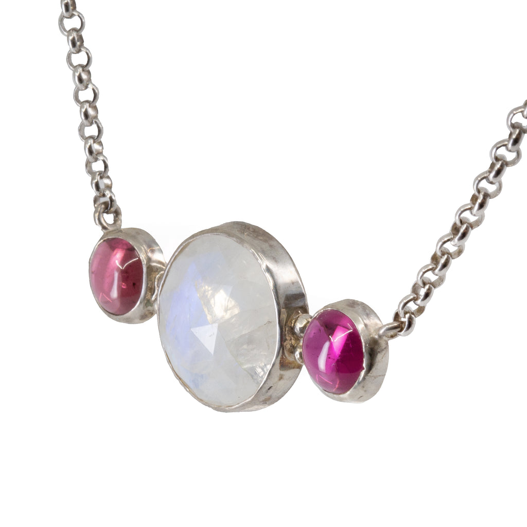 Blue Moonstone 38.2 ct with Pink Tourmaline Handcrafted Sterling Silver Necklace - GGO-159 - Crystalarium