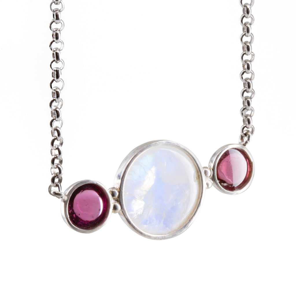 Blue Moonstone 38.2 ct with Pink Tourmaline Handcrafted Sterling Silver Necklace - GGO-159 - Crystalarium