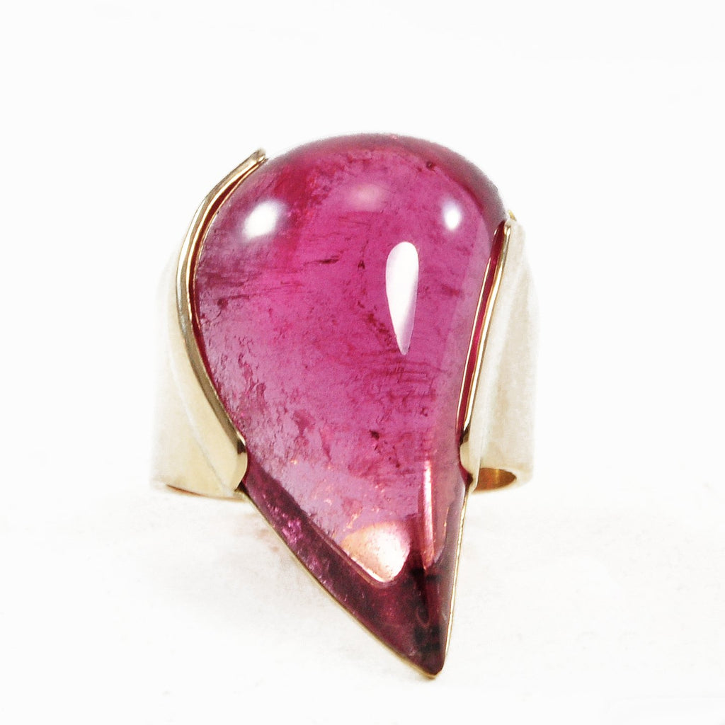 Rubelite Tourmaline Freeform Cabochon 22.75ct Handcrafted 14k Gold Ring - EEO-207 - Crystalarium