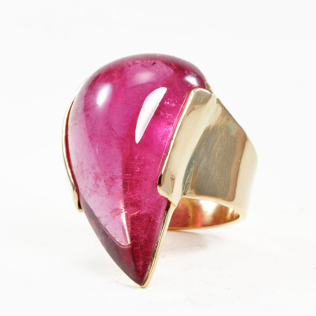 Rubelite Tourmaline Freeform Cabochon 22.75ct Handcrafted 14k Gold Ring - EEO-207 - Crystalarium
