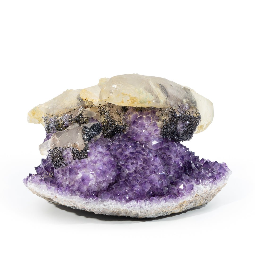 Amethyst with Calcite & Black Amethyst 6.5 Inch 9.75lb Natural Crystal Geode - Uruguay - LLX-027 - Crystalarium