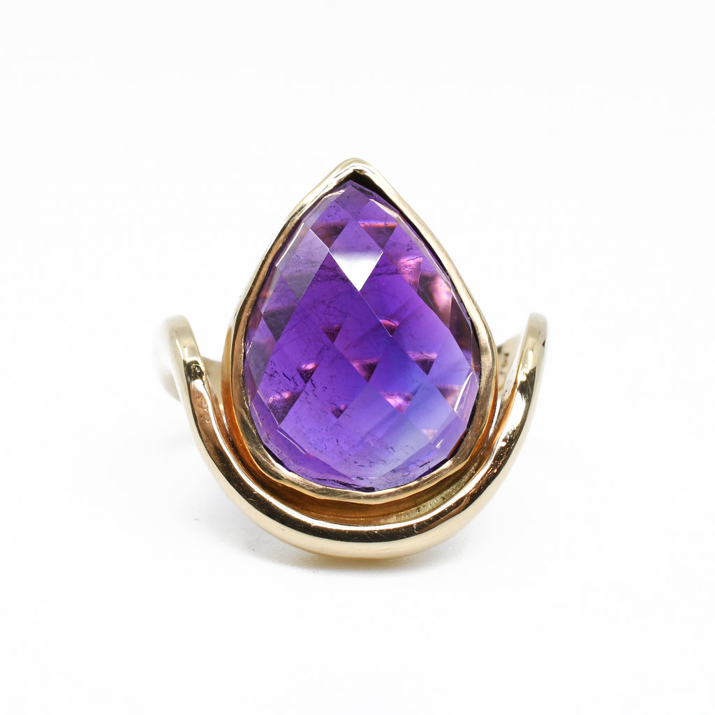 Amethyst 10.92ct Faceted Teardrop Handcrafted 14k Gemstone Ring - BBO-308 - Crystalarium