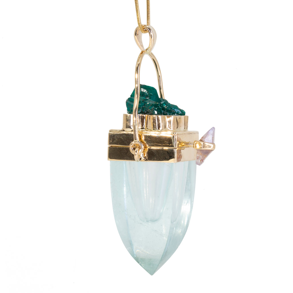 Aquamarine and Dioptase with Natural Sapphire Accent 14k Handcrafted Vessel Pendant - JJO-073 - Crystalarium