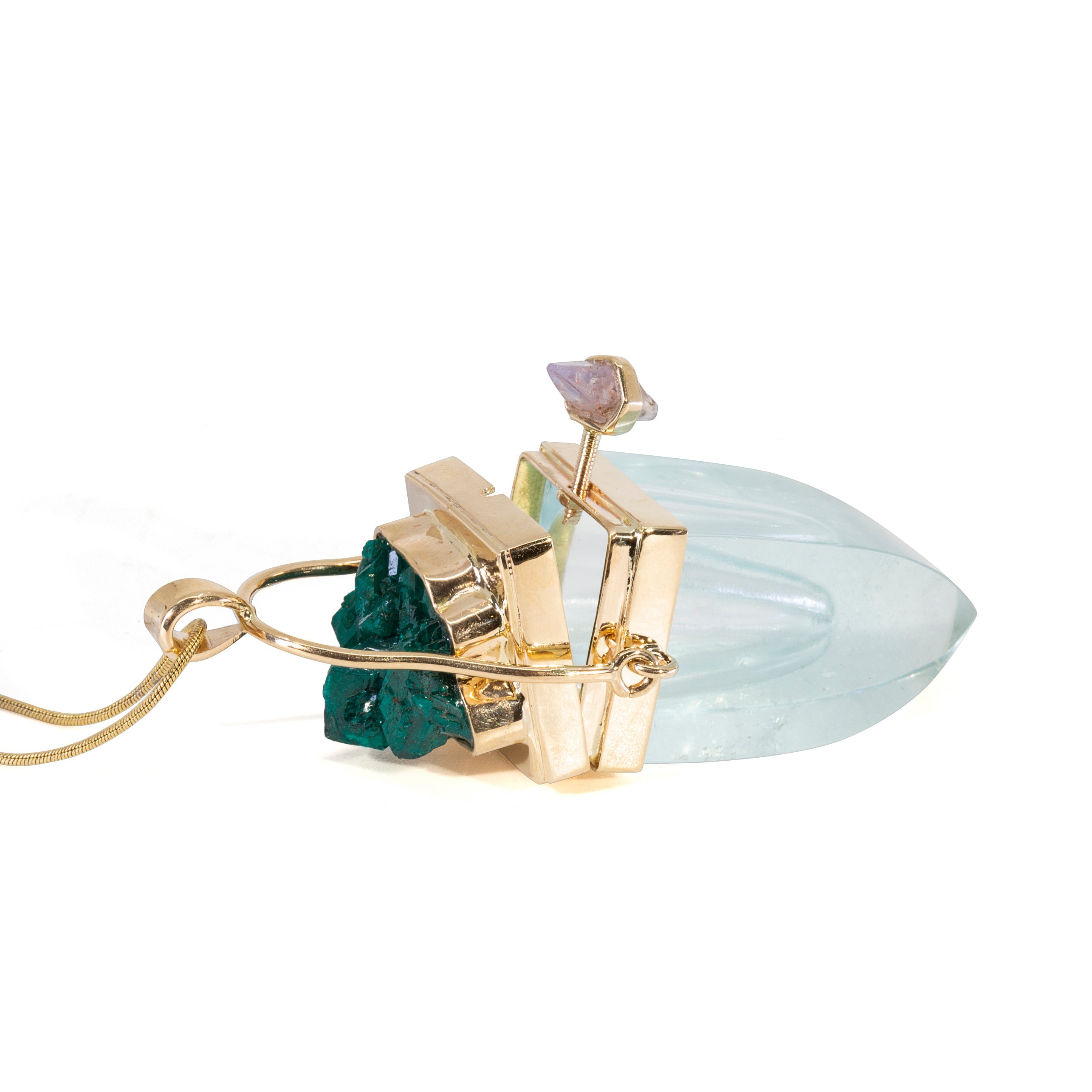 Aquamarine and Dioptase with Natural Sapphire Accent 14k Handcrafted Vessel Pendant - JJO-073 - Crystalarium