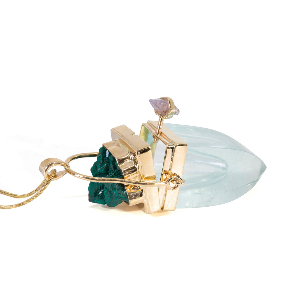 Aquamarine and Dioptase with Natural Sapphire Accent 14k Handcrafted Vessel Pendant - JJO-073 - Crystalarium