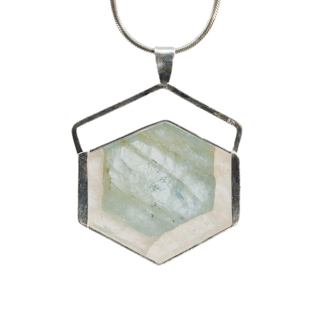Aquamarine 51.5ct Gem Crystal Slice Sterling Silver Handcrafted Honeycomb Pendant - JJO-062 - Crystalarium