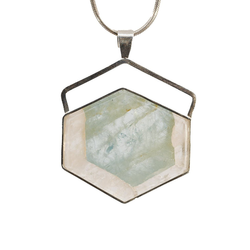 Aquamarine 51.5ct Gem Crystal Slice Sterling Silver Handcrafted Honeycomb Pendant - JJO-062 - Crystalarium