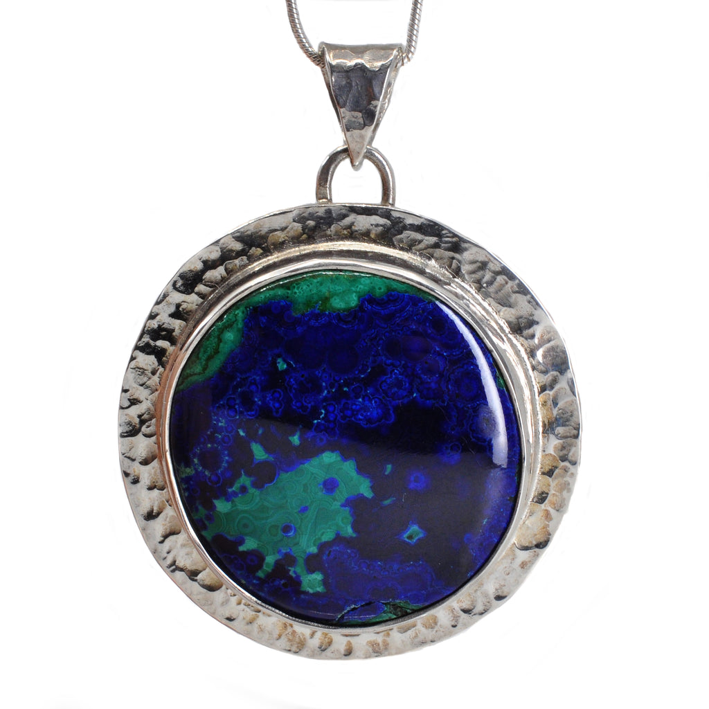 Azurite with Malachite 25.35 mm 40.86 carats Oval Cabochon Sterling Silver Handcrafted Pendant - EEO-194 - Crystalarium