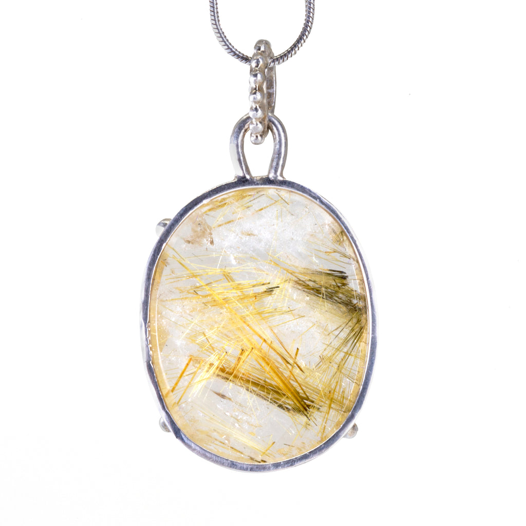 Faceted Rutilated Quartz Crystal 17.52ct Handcrafted Sterling Silver Pendant - BBO-137 - Crystalarium