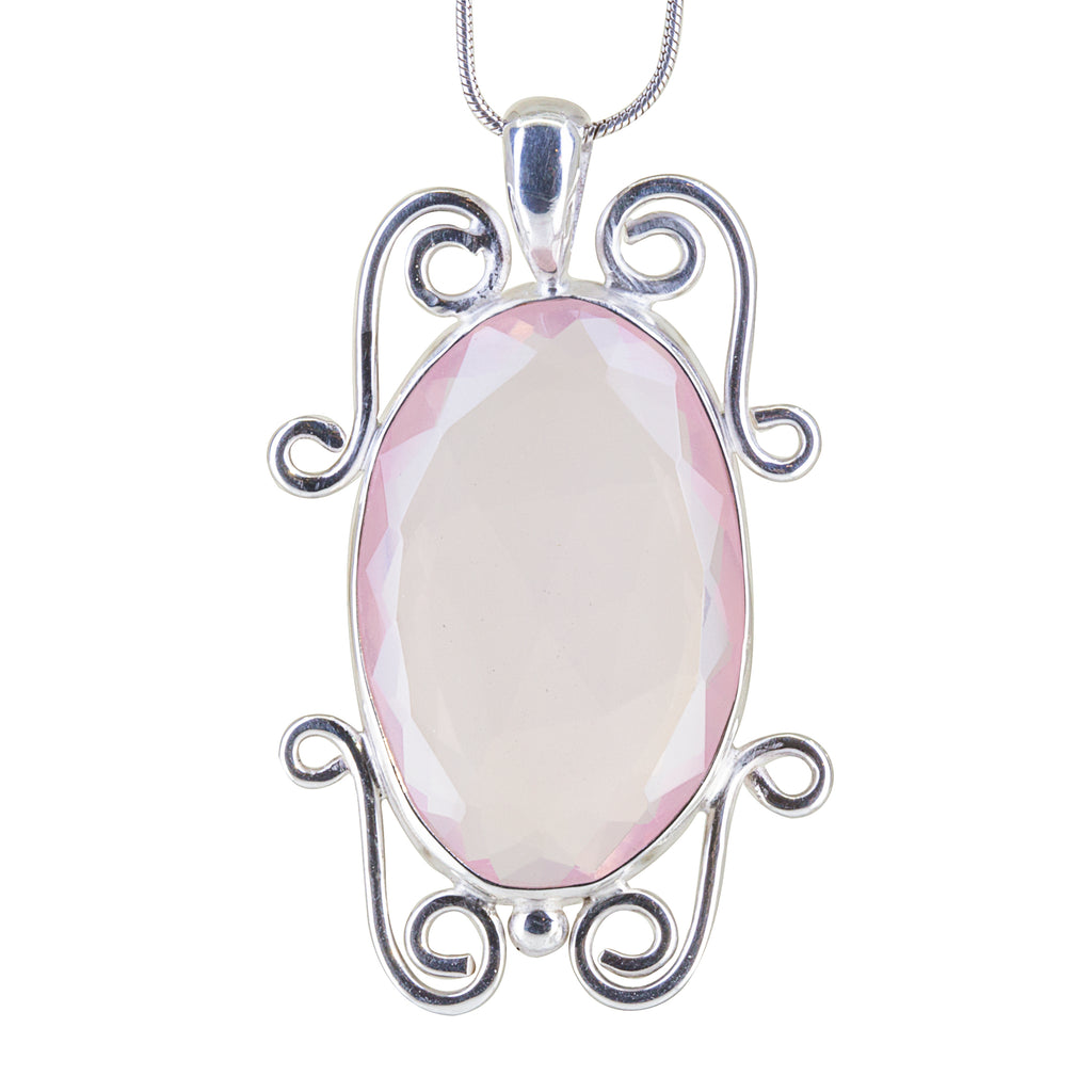 Rose Quartz 23.38 carat Rosecut Handcrafted Sterling Silver Scrollwork Pendant - BBO-298 - Crystalarium
