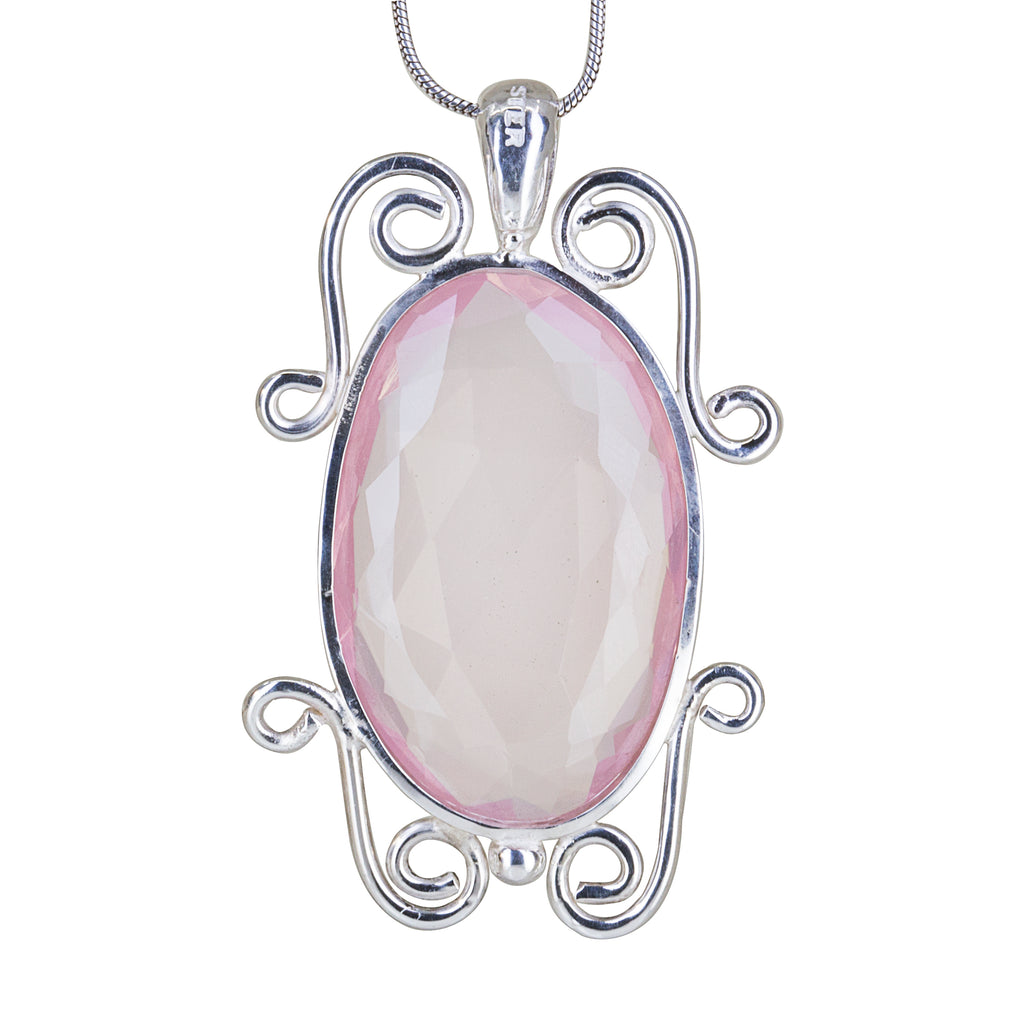 Rose Quartz 23.38 carat Rosecut Handcrafted Sterling Silver Scrollwork Pendant - BBO-298 - Crystalarium