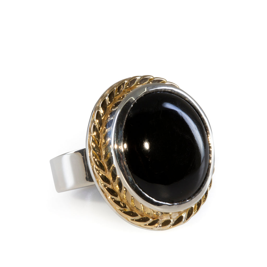 Black Tourmaline 39.23 carat Handcrafted Sterling Silver with 14k Accent Ring - HHO-044 - Crystalarium