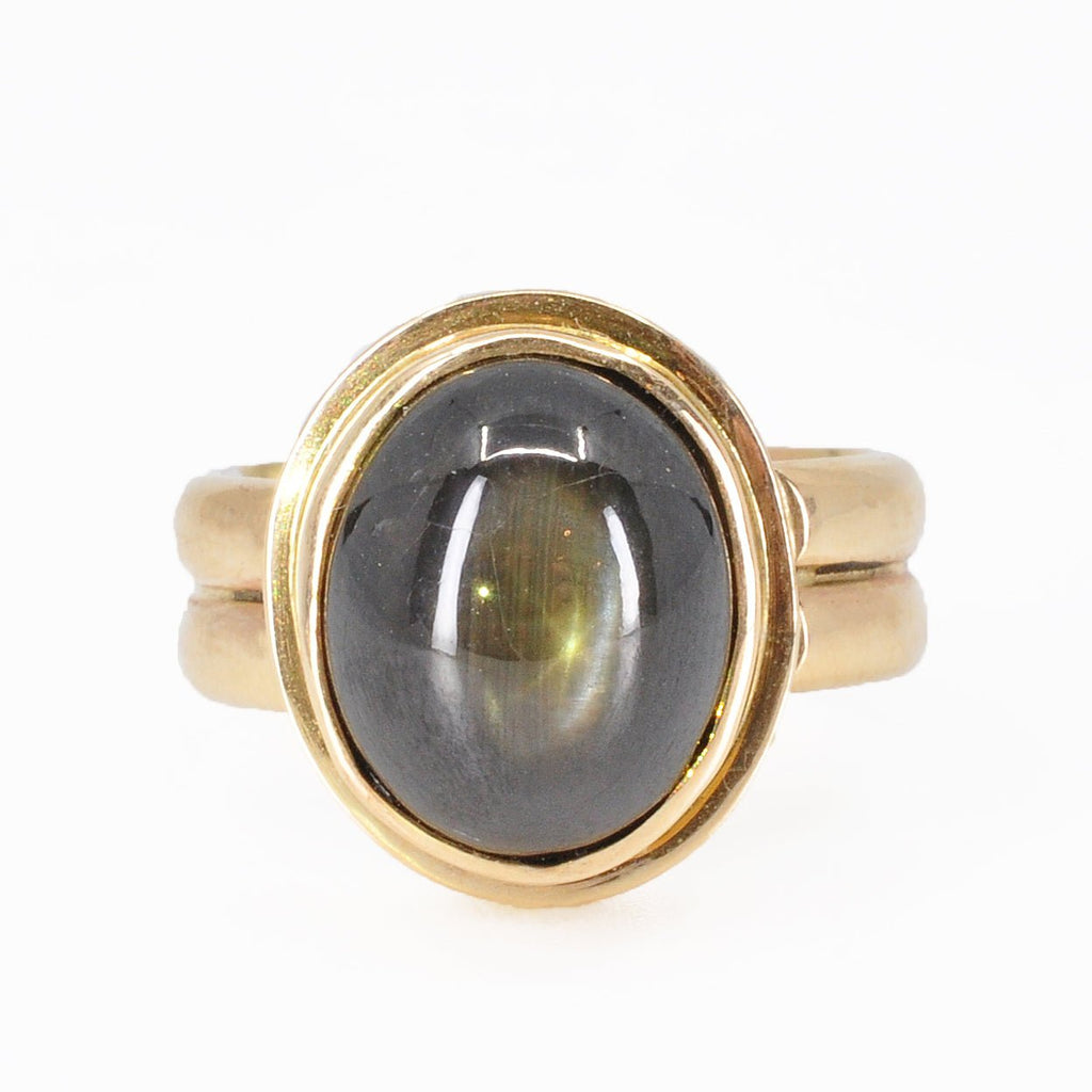 Black Star Sapphire 22 mm 16.26 ct Oval Cabochon 14K Handcrafted Gemstone Ring - BBO-259 - Crystalarium