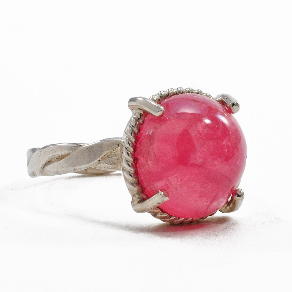 Rhodochrosite 11.88 mm 6.79 ct Circle Cabochon Natural Crystal Sterling Silver Handcrafted Ring - EEO-089 - Crystalarium