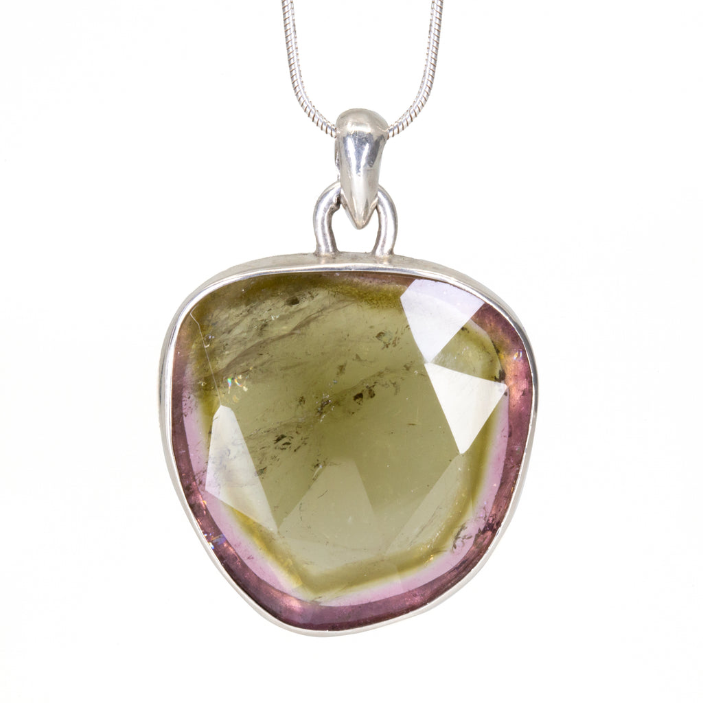 Green and Pink Faceted Watermelon Tourmaline Handcrafted Sterling Silver Pendant - CCO-271 - Crystalarium