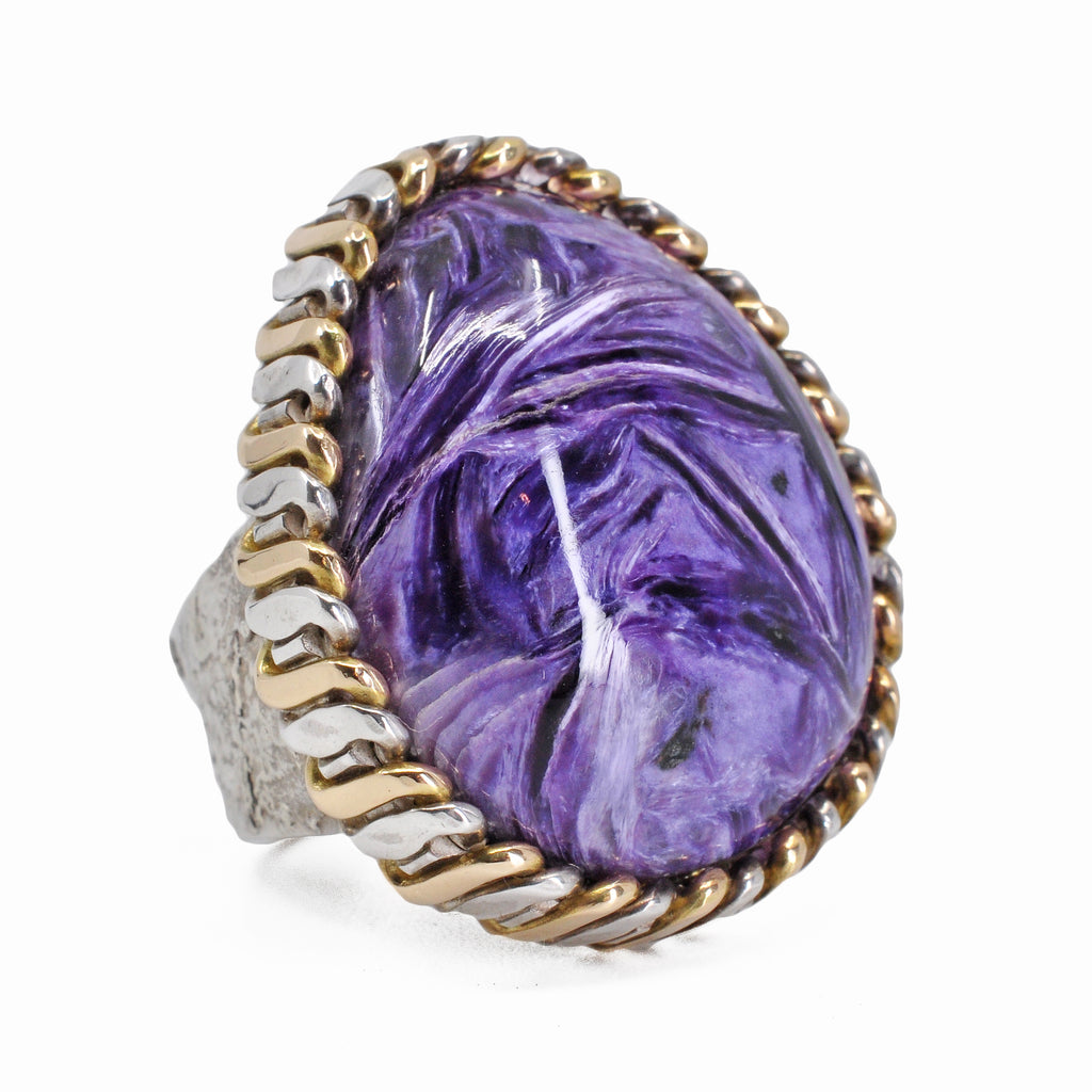 Charoite 25.41 mm 27.08 carats Polished Cabochon Sterling Silver with 14K Handcrafted Russian Bezel Ring - WO-383 - Crystalarium