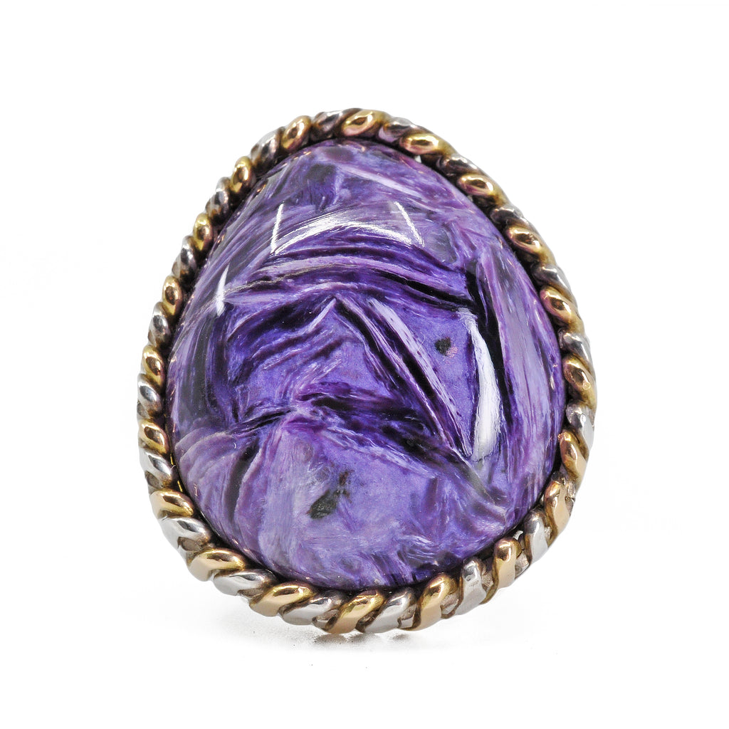 Charoite 25.41 mm 27.08 carats Polished Cabochon Sterling Silver with 14K Handcrafted Russian Bezel Ring - WO-383 - Crystalarium