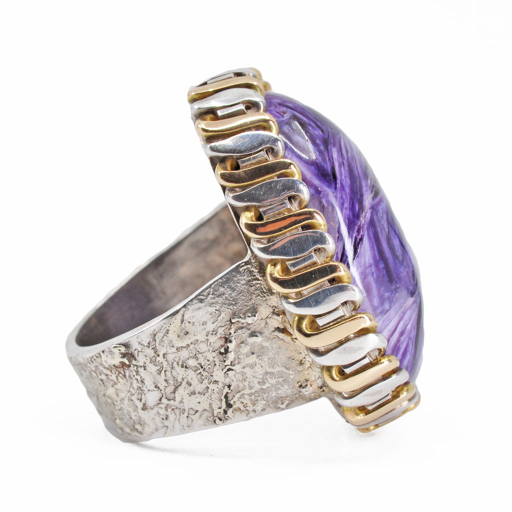 Charoite 25.41 mm 27.08 carats Polished Cabochon Sterling Silver with 14K Handcrafted Russian Bezel Ring - WO-383 - Crystalarium