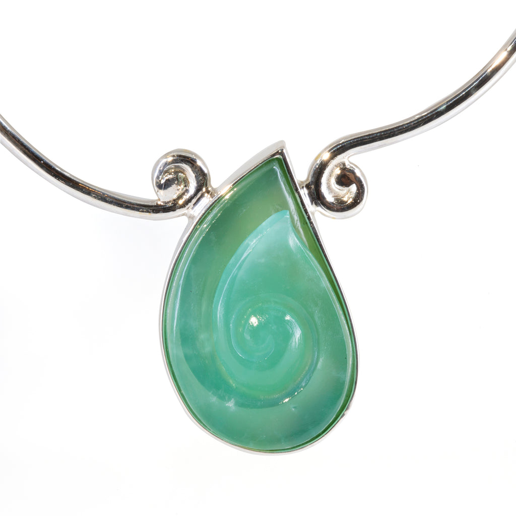 Chrysoprase Carved Wave 33.41 carat Handcrafted Sterling Silver Necklace - HHO-150 - Crystalarium
