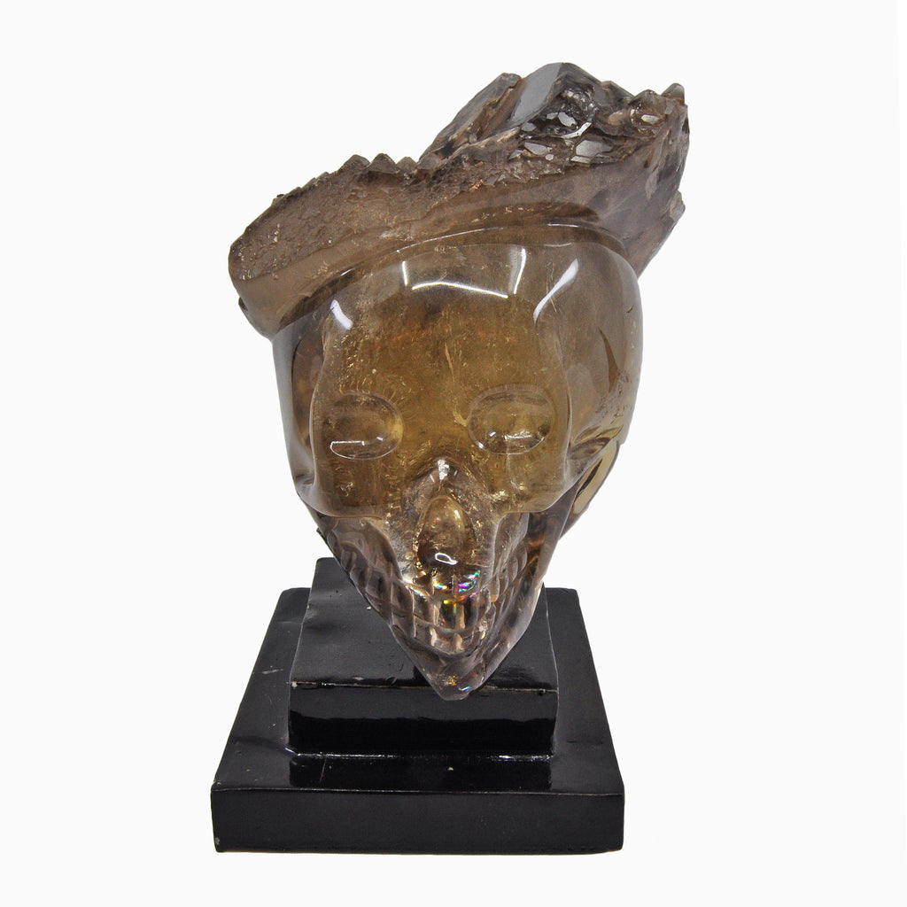 Smoky Citrine 6.0 inch 5.3 lbs Partial Carved Elestial Crystal Skull on Custom Metal Swivel Stand - Brazil - GGR-026 - Crystalarium