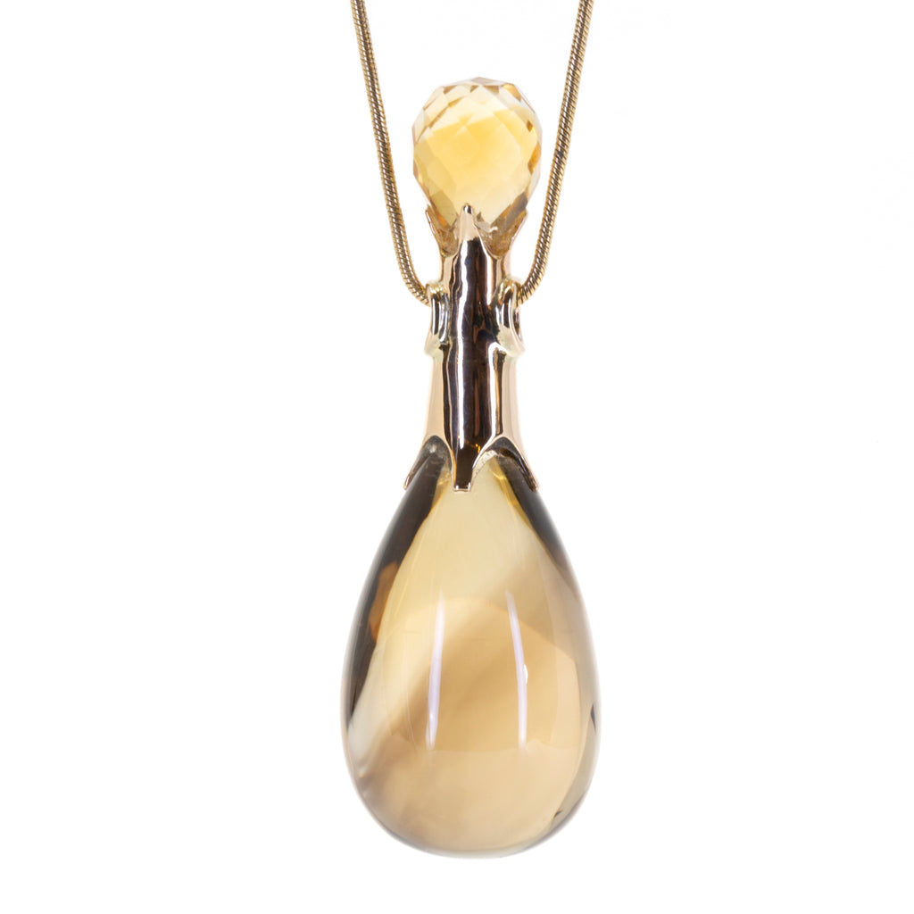 Citrine and Smoky Quartz 14k Handcrafted Droplet and Briolette Pendant - OO-137 - Crystalarium