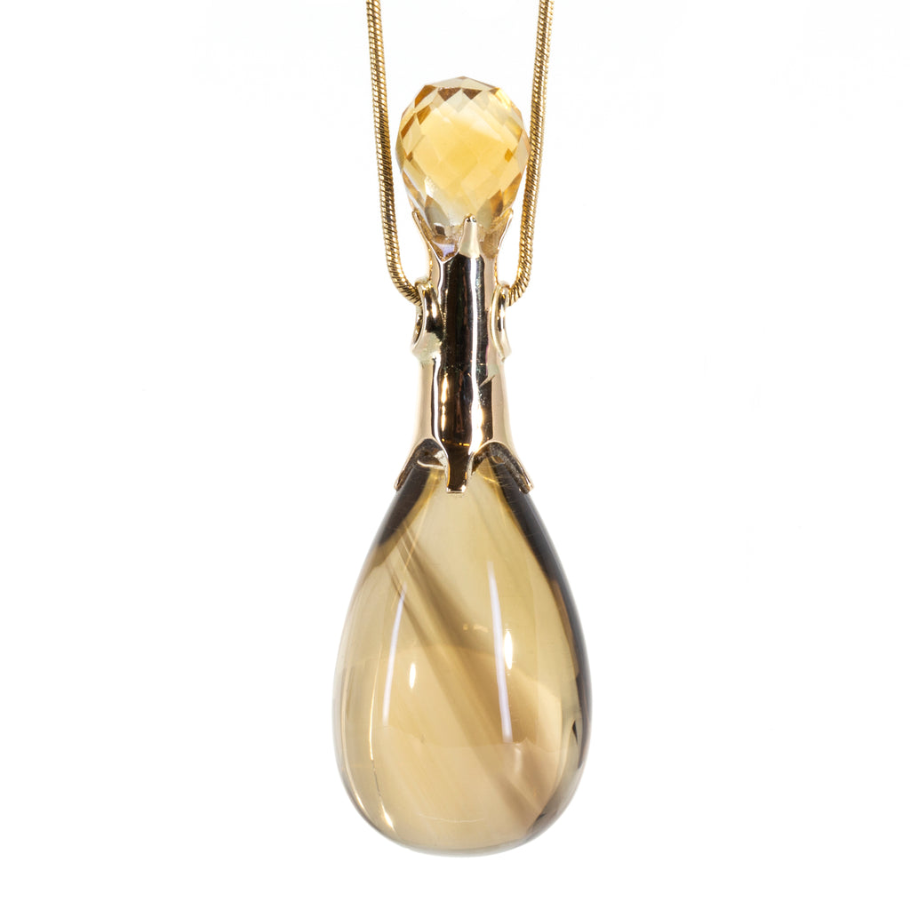 Citrine and Smoky Quartz 14k Handcrafted Droplet and Briolette Pendant - OO-137 - Crystalarium