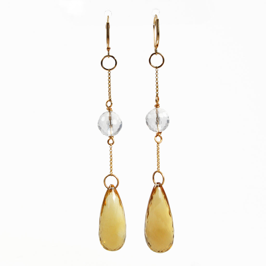 Citrine with Quartz 91.44mm 53.44 ct Faceted Briolette Handcrafted 14K Gemstone Earrings - ZO-213 - Crystalarium