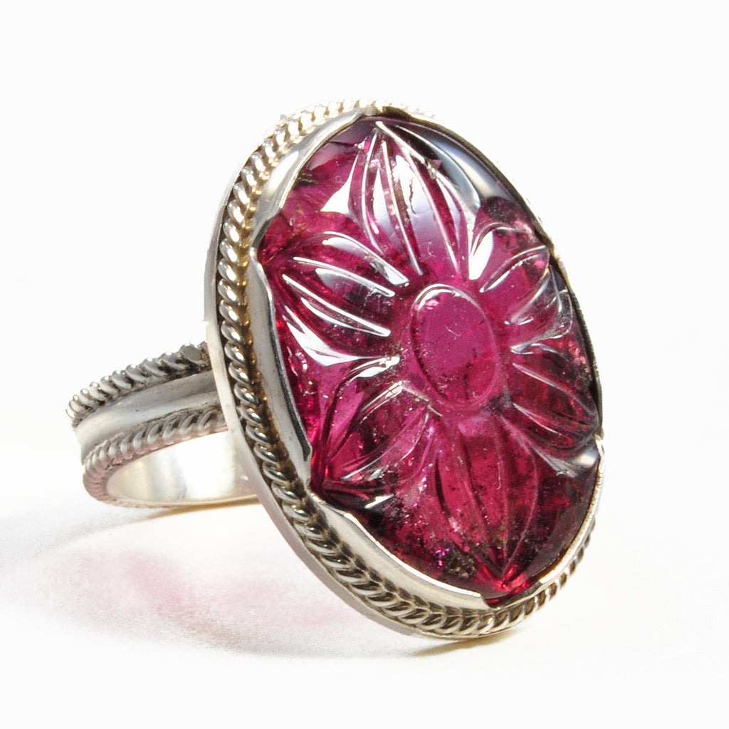 Rubelite Tourmaline 12.82ct Carved Flower Handcrafted Sterling Silver Gemstone Ring - BBO-358 - Crystalarium