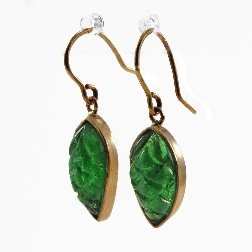 Tsavorite Garnet Floral Carving 14K Gold Handcrafted Earring Pair - CCO-368 - Crystalarium
