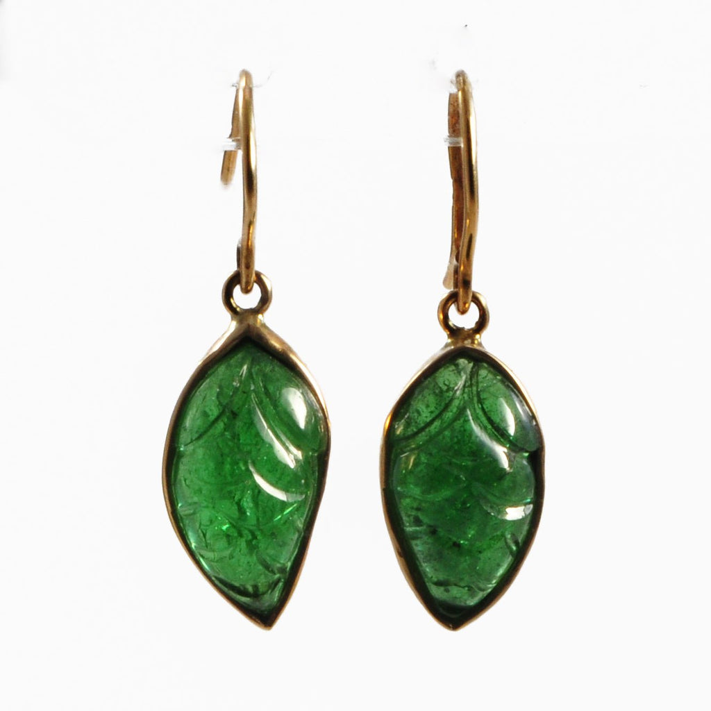 Tsavorite Garnet Floral Carving 14K Gold Handcrafted Earring Pair - CCO-368 - Crystalarium