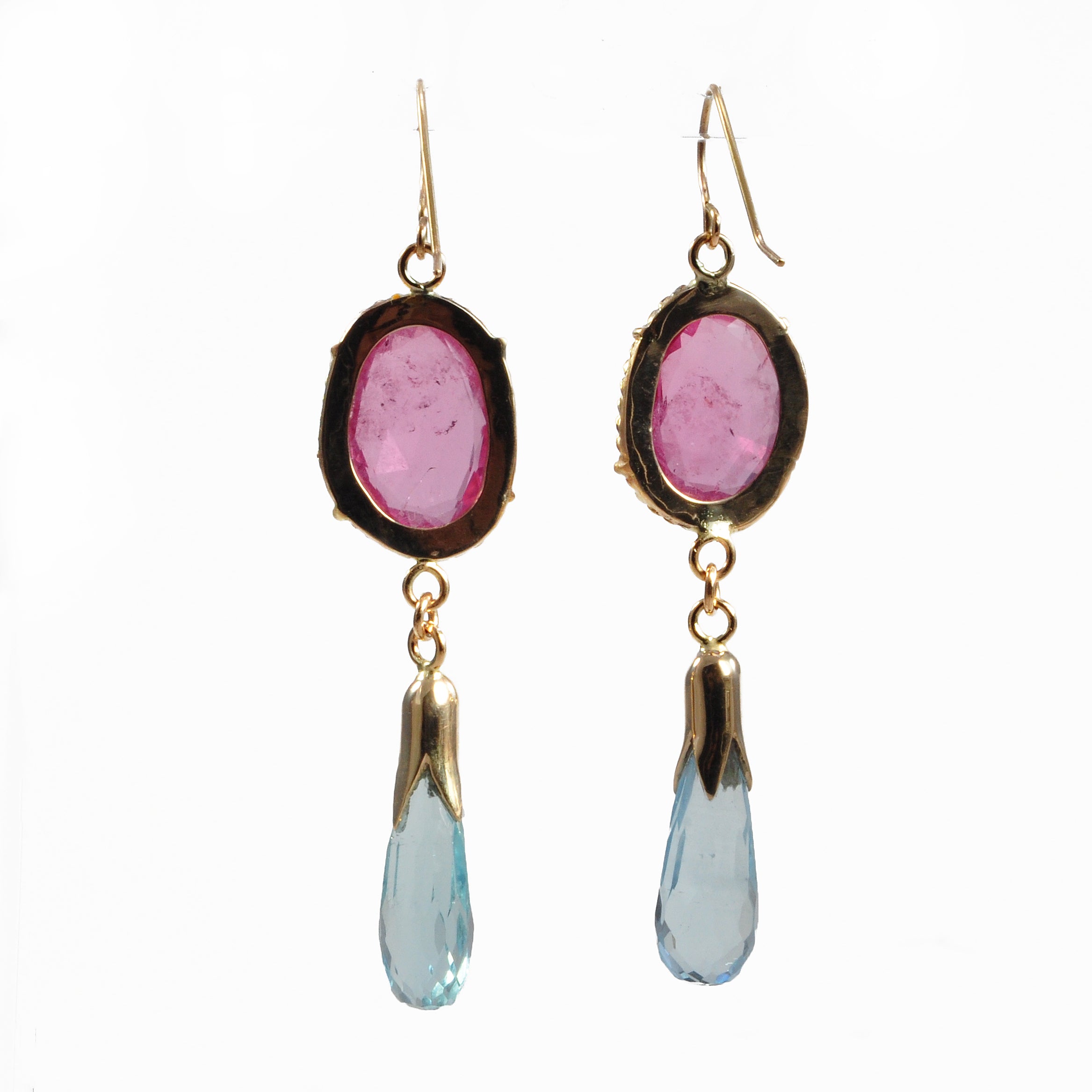 Pink Tourmaline 14.73 ct with Aquamarine 11.19 ct Handcrafted 14K Briolette Gemstone Earrings - FFO-051 - Crystalarium