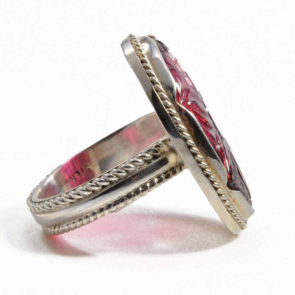 Rubelite Tourmaline 12.82ct Carved Flower Handcrafted Sterling Silver Gemstone Ring - BBO-358 - Crystalarium