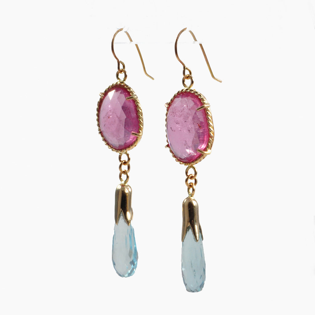 Pink Tourmaline 14.73 ct with Aquamarine 11.19 ct Handcrafted 14K Briolette Gemstone Earrings - FFO-051 - Crystalarium
