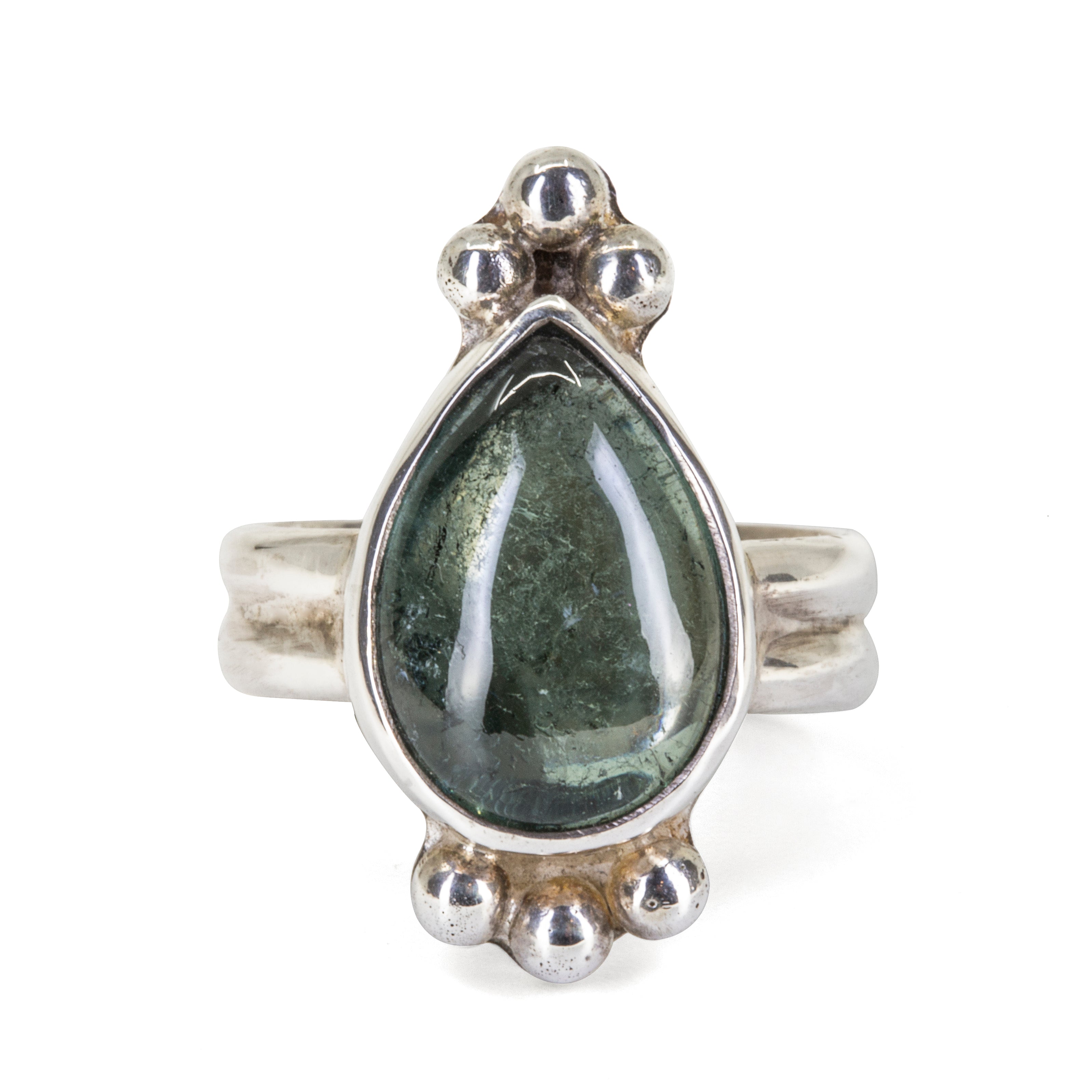 Green Tourmaline 8.73 carat Pear shaped Cabochon Handcrafted Sterling Silver Ring - DDO-234 - Crystalarium