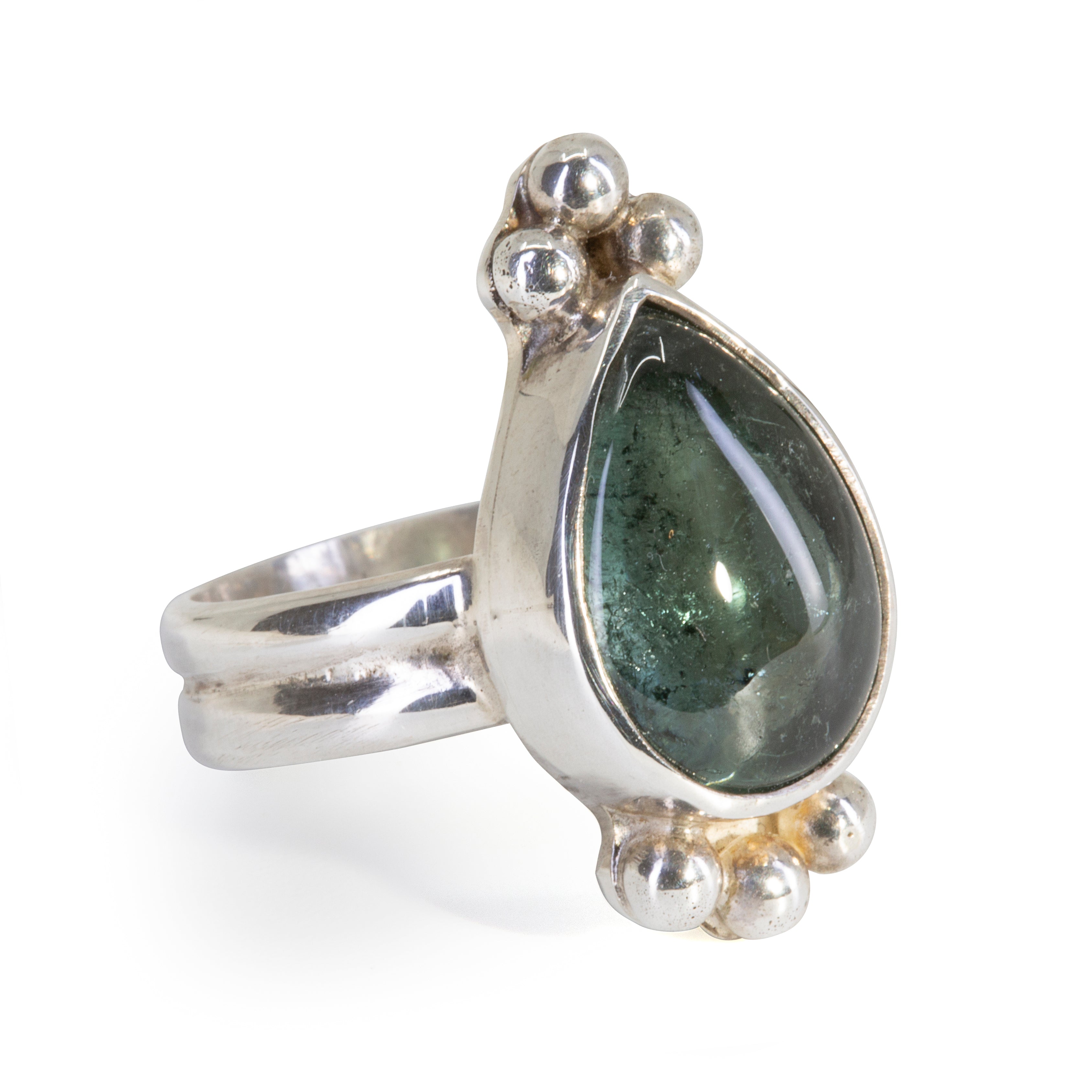 Green Tourmaline 8.73 carat Pear shaped Cabochon Handcrafted Sterling Silver Ring - DDO-234 - Crystalarium