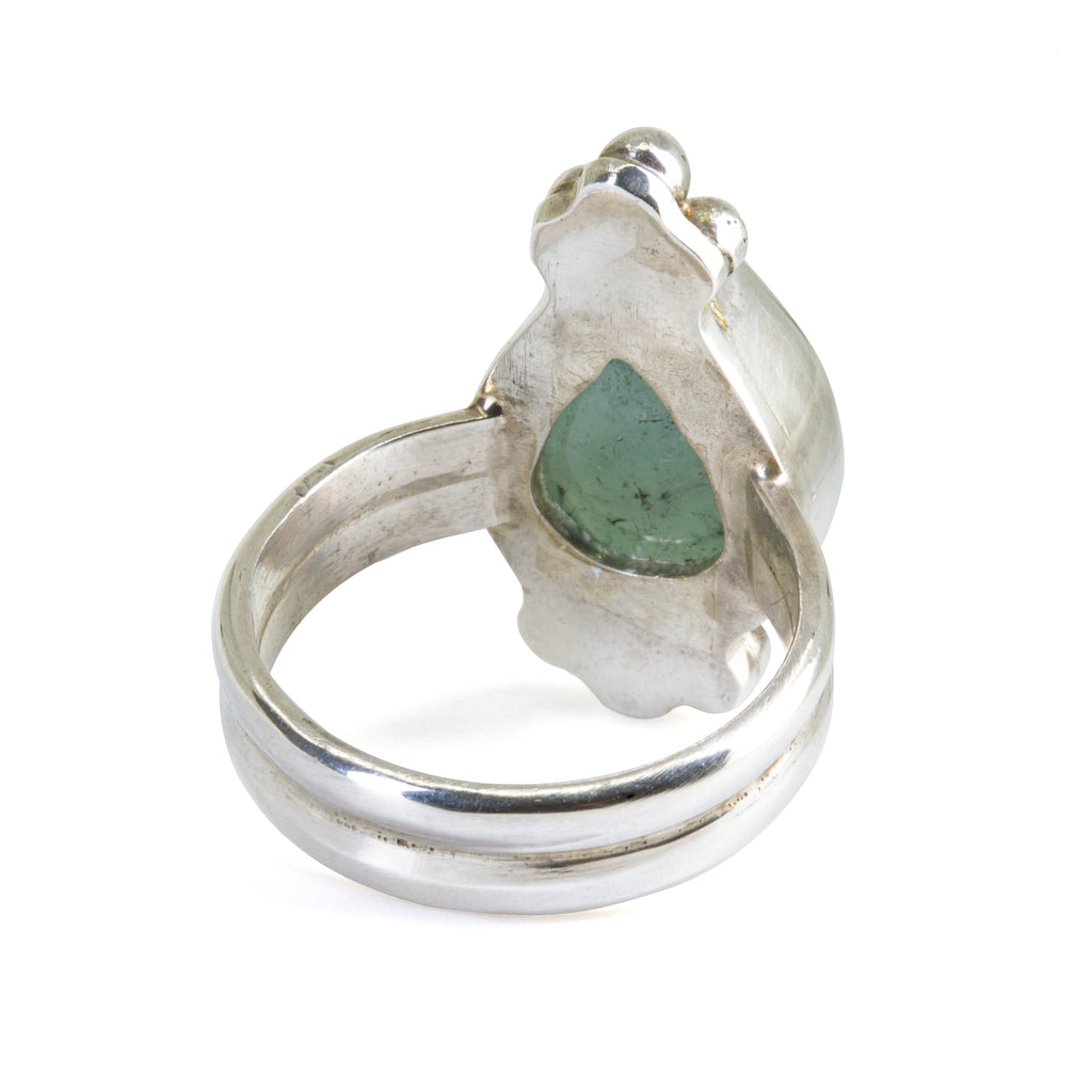 Green Tourmaline 8.73 carat Pear shaped Cabochon Handcrafted Sterling Silver Ring - DDO-234 - Crystalarium